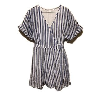 Sienna Sky, V-Neckline, Short Roll Tab Sleeves, Wrap Dress, Blue/White, Size Sm